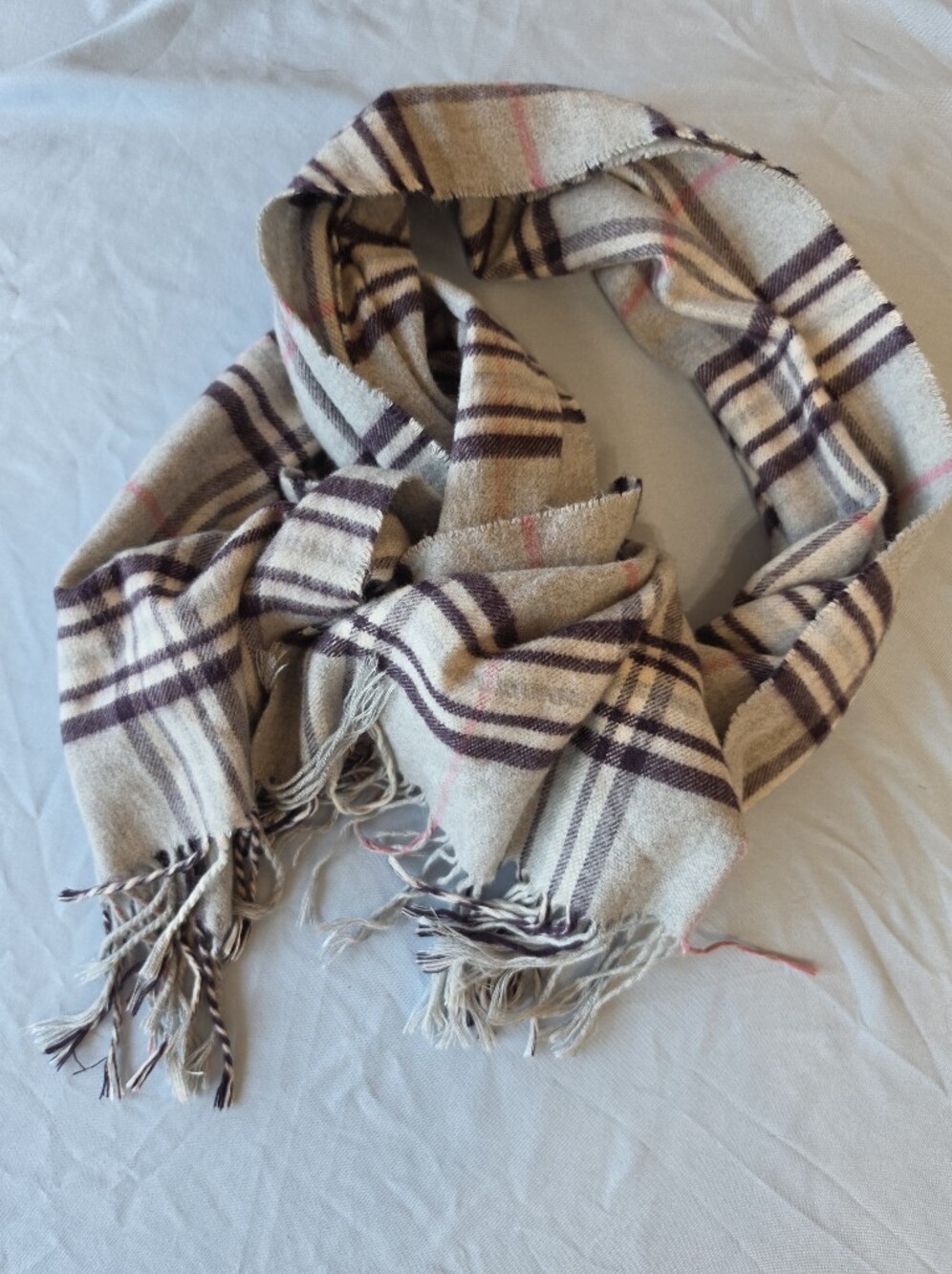 V. FRAAS Beige Plaid Fringe Scarf